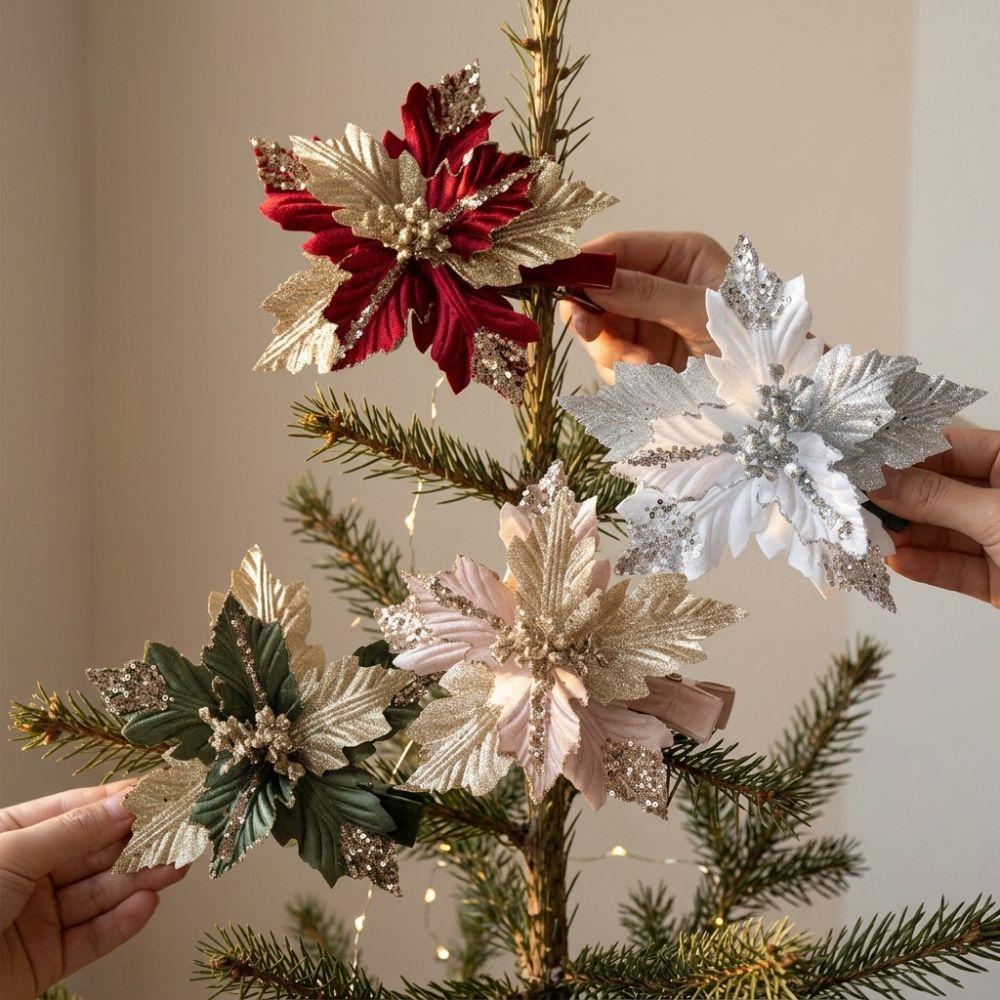 Glitter Powder Sequin Velvet Christmas Flower with Stem Colorful Fake Flower Ornament Sequins Shape Retention Xmas Tree Pendant