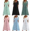 Women Summer Dress Solid Color Hollow Out Short Sleeves V Neck Buttons Dating Lace Up Pockets A-line Lady Midi Dress Female Clothes
