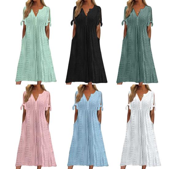 Women Summer Dress Solid Color Hollow Out Short Sleeves V Neck Buttons Dating Lace Up Pockets A-line Lady Midi Dress Female Clothes