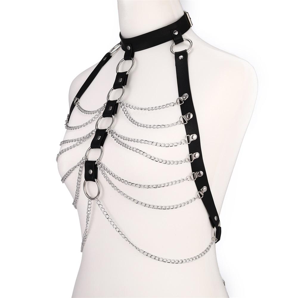 Catena body harness in pelle nera per donne e ragazze Catena per il corpo sexy Gioielli per feste Punk Accessori Festival Rave Gotici