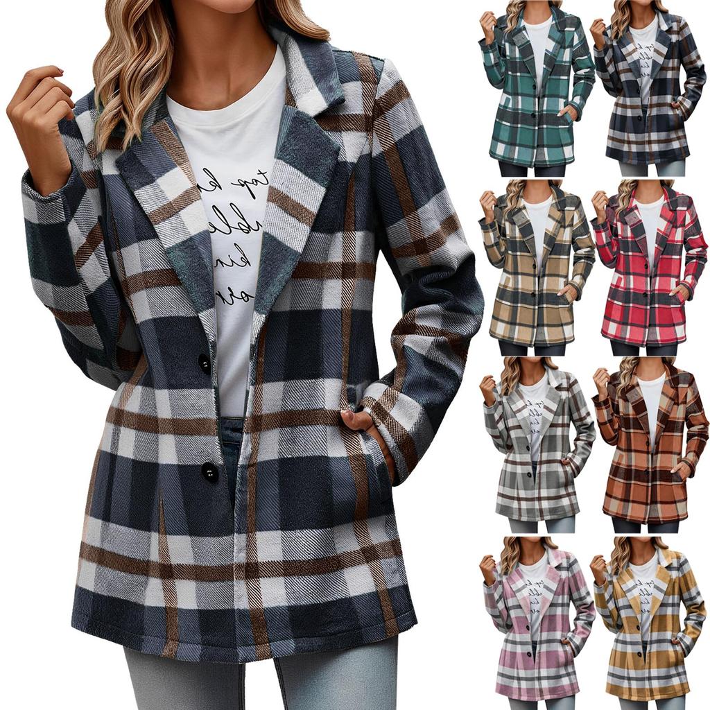 Women's Casual Fashion  Plaid Shirt Medium Woolen Coat