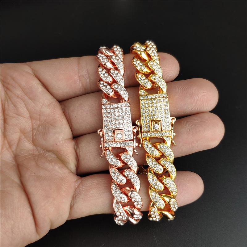 Hip Hop Shiny Cuban Link Chain Bracelets Women Men Gold Color Rhinestone Iced Out Chain Bracelets Punk Wristband Jewelry Gift