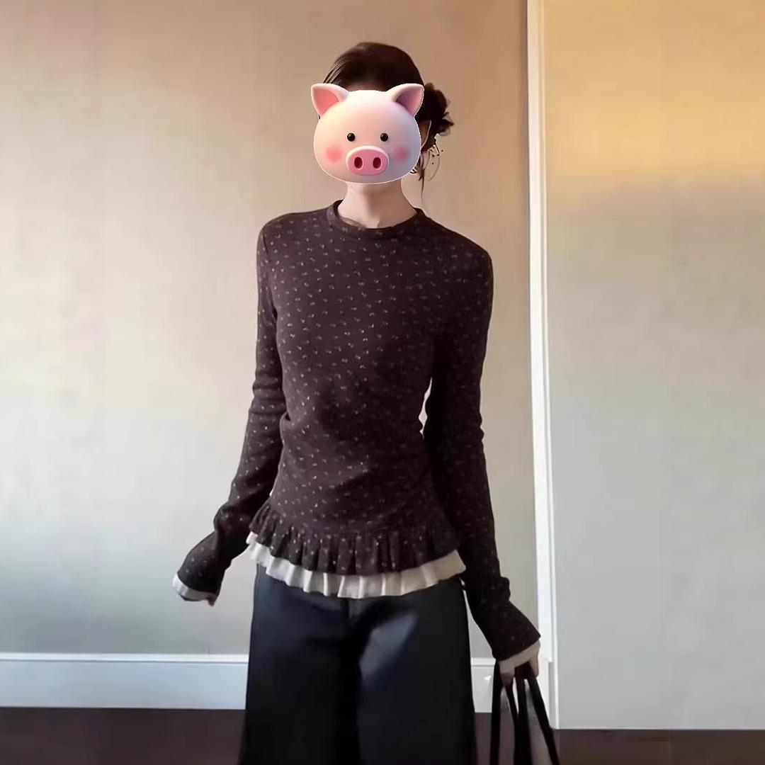 Women s Retro Floral Lace Double Layer Bell Sleeve Top S кофейный