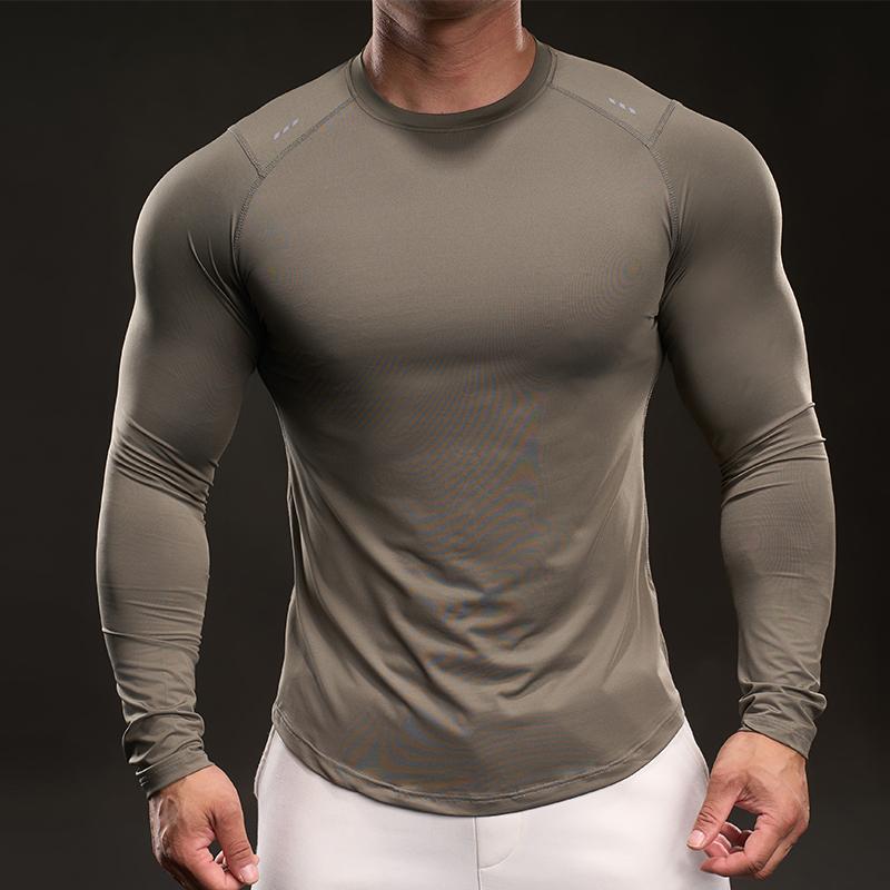 Slim and Muscular Style New Quick-drying Ice Silk Long-sleeved T-shirt Men's Casual Sports Elastic Fitness Outdoor T-shirt Top Men