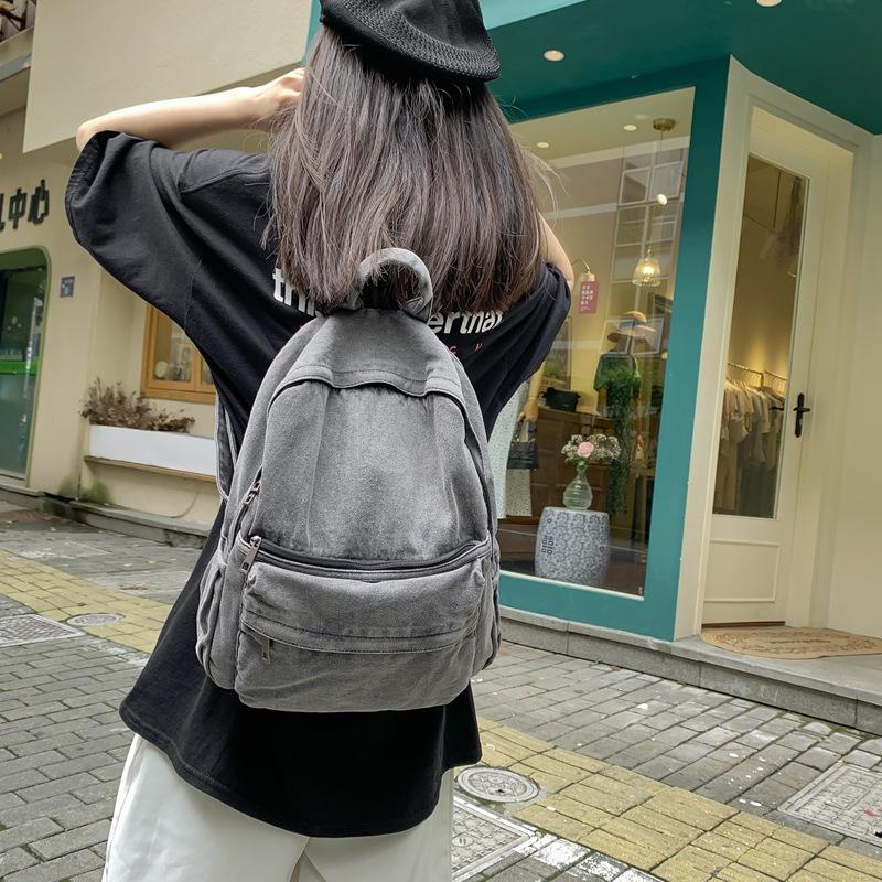 Zaino in Denim Giapponese, Stile Pigro da Donna, Colore Unico e Senso di Peso. Zaino da studente di grande capacità, Borsa in tela Harajuku