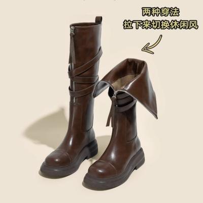 Fashion 2024 Autumn New Knee Length Boots Women's Belt Buckle Thick Sole Motorcycle Rider Boots High Sleeve Fashion Boots