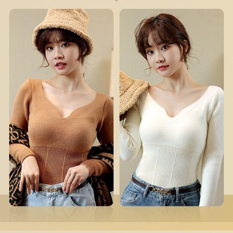 Autumn Winter Women's Knitted Sweaters Velvet Undershirt Thermal Underwear with Chest Pad