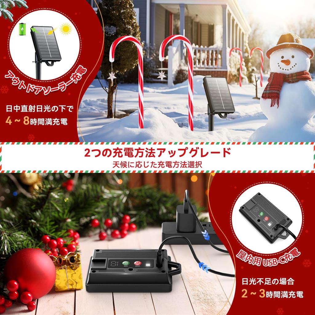 Letmy Christmas Decoration Solar Outdoor Waterproof Candy Cane Style Garden 10 Lighting High Warm White 72 LED Lamp Suitable for Outdoor Christmas