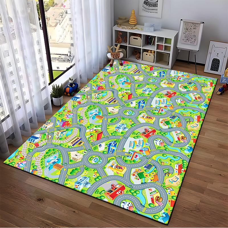 Colorful Cartoon City Map for Kids' Playrooms. Non-slip rug suitable for living room and bedroom sofas.