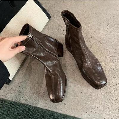 Autumn Design Heel Ankle Boot Fashion Square Toe Zipper Ladies Casual Chelsea Boots Shoes Soft Leather Short Boot
