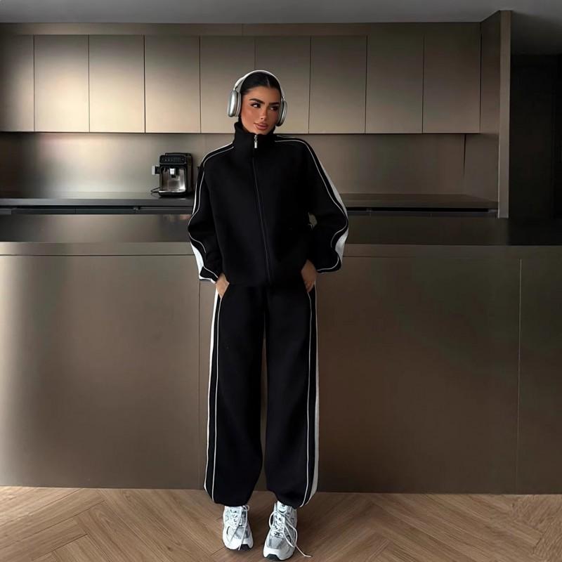 2026 Womens Fashion Casual Set Color Block Zip Up Cardigan Pants Two Piece