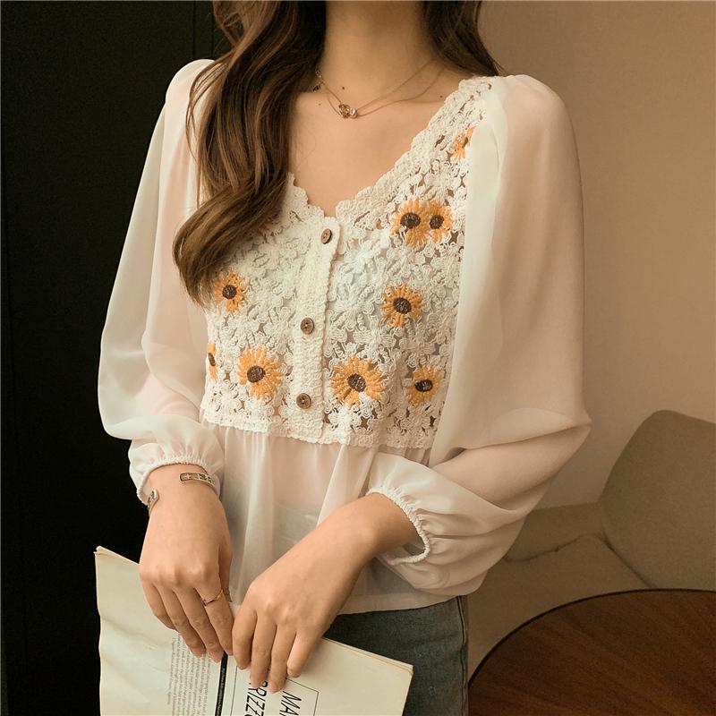 Spring Summer Crochet Top Chiffon Flower Embroidery Daisy Long Sleeve Button Front Fake Two-Piece Blouse