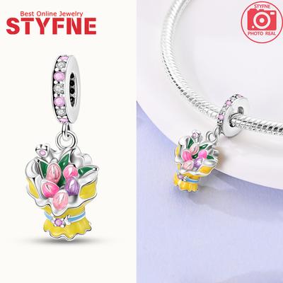 Charm Plata Colorful Tulips Flower Bouquet Pendant Fits Genuine Bracelet Charm For Women Jewellery DoItYourself Crafting Gift