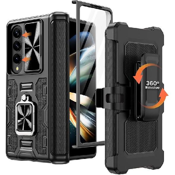 Caka for Z Fold 4 Case, Galaxy Z Fold 4 Case with Kickstand & Belt-Clip Holster Camera Cover with Built-in 360°Rotate Ring Stand Magnetic Case for чёрный