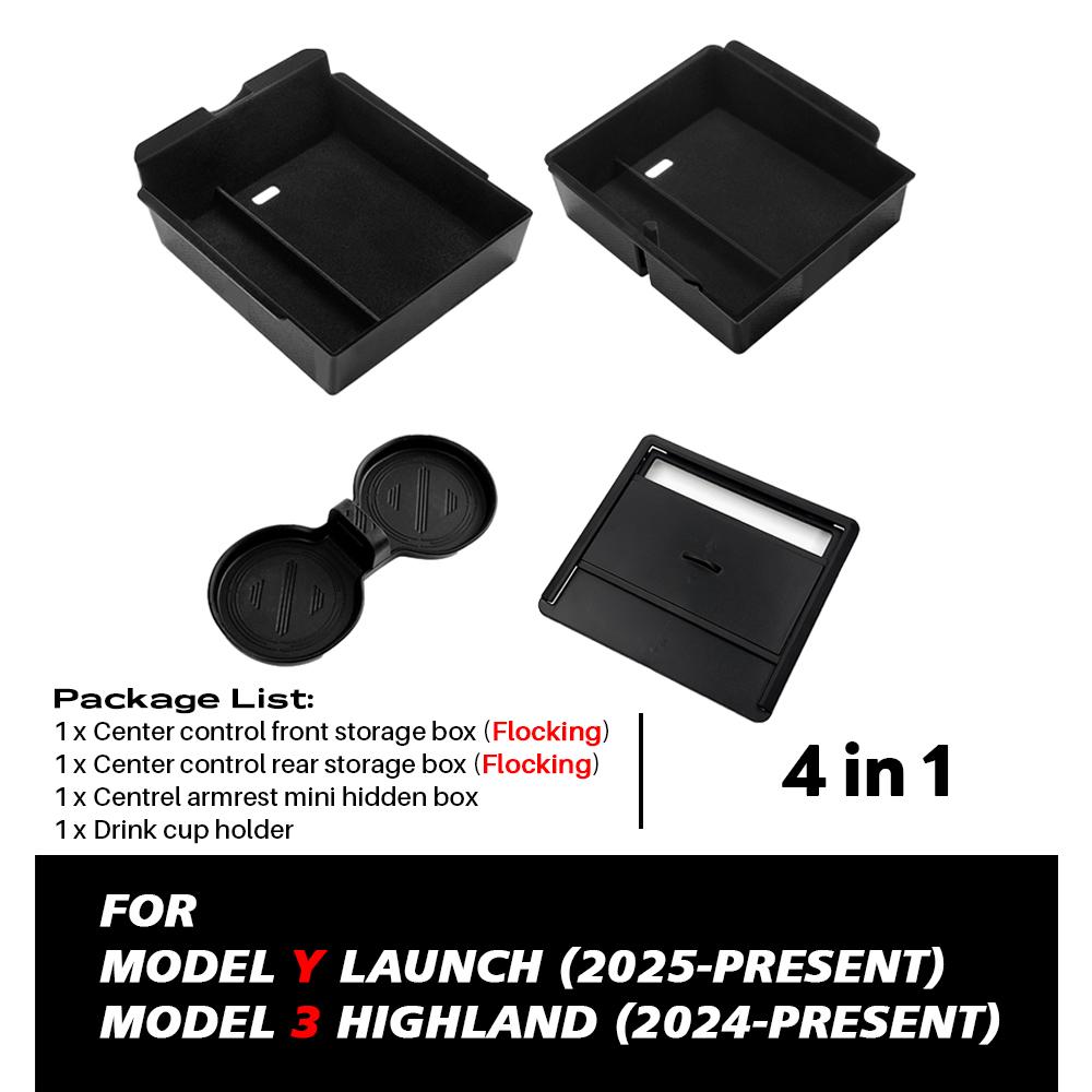 For Tesla New Model Y Juniper Launch 2025 Model 3 Highland 2024 Front Rear Center Console Armrest Hidden Storage Box Watercup