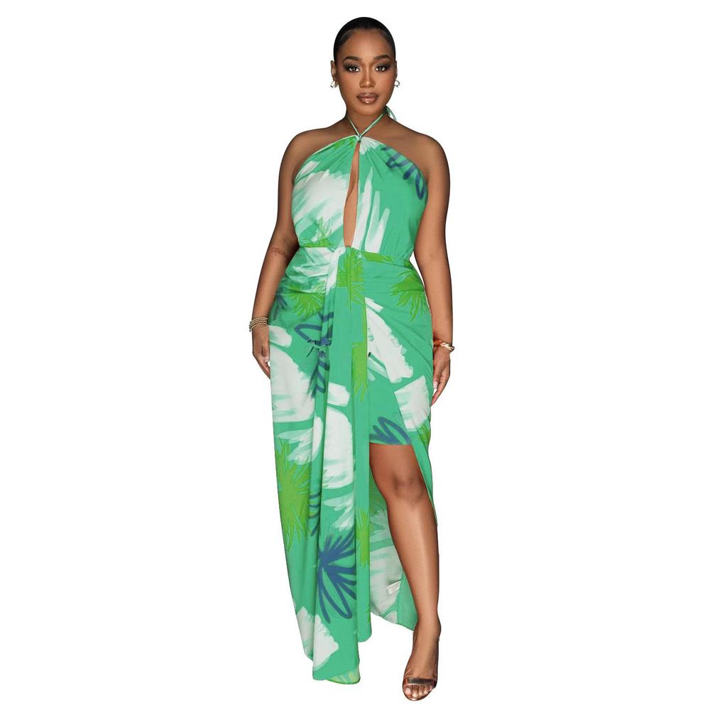 C6921 European & American Style Women's Printed Backless Lace-up Long Dress