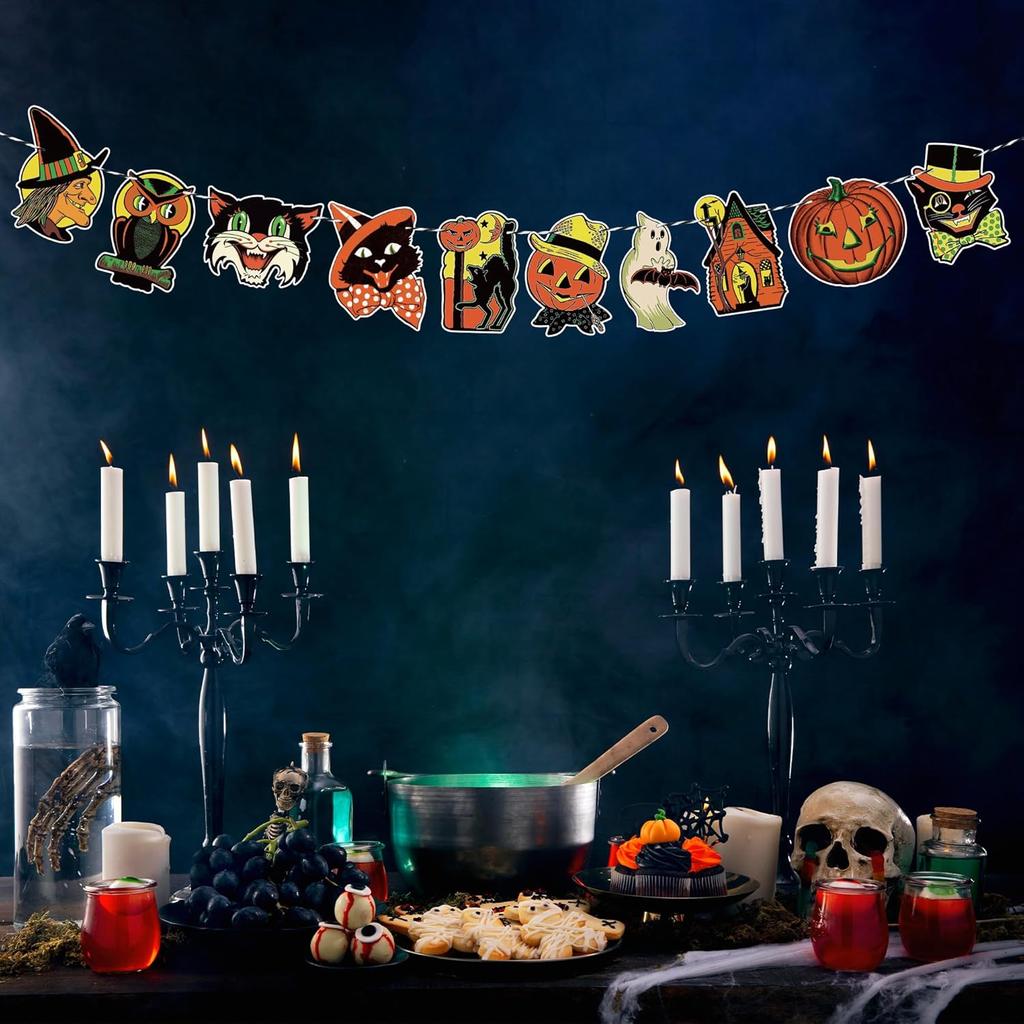 Vintage Halloween Hanging Banner Decoration, Retro Halloween Trick or Treat Cute Pumpkin Witch Ghost Cat Wall Bunting Garland Card Banner Cartoon