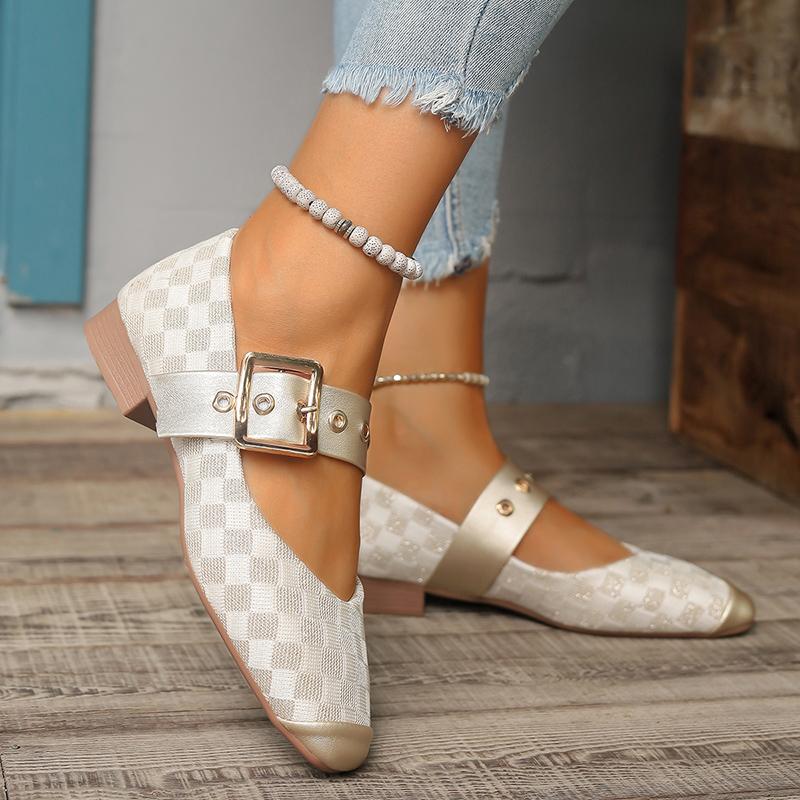 fashion Elegant Plaid Pattern Mary Jane Shoes for Women Metal Buckle Ankle Strap Pumps Woman Comfort Low Heels Single Shoes Plus Size