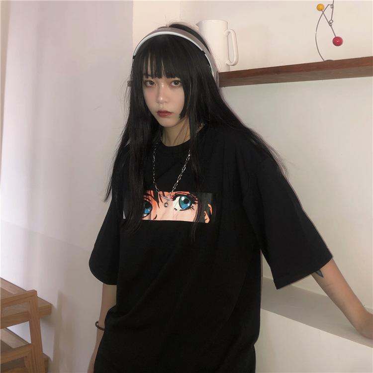 ins trendy new summer Harajuku loose bf black short-sleeved casual crew neck T-shirt top women M чёрный