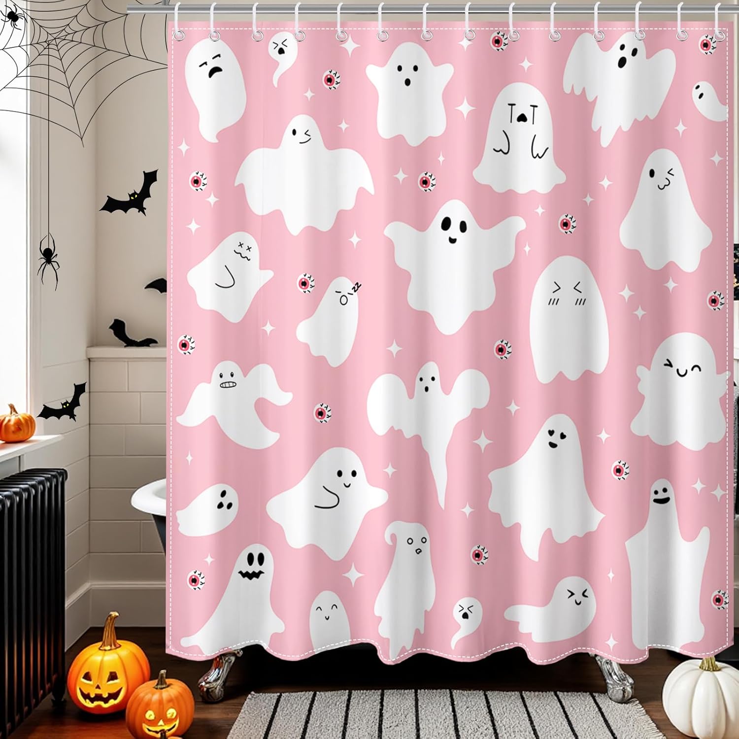 

Pink Halloween Shower Curtain Cute Funny Ghost Shower Curtain For Spooky Halloween Home Bathroom Decor,Waterproof Fabric Curtain W60H190(CM)-1 Pcs