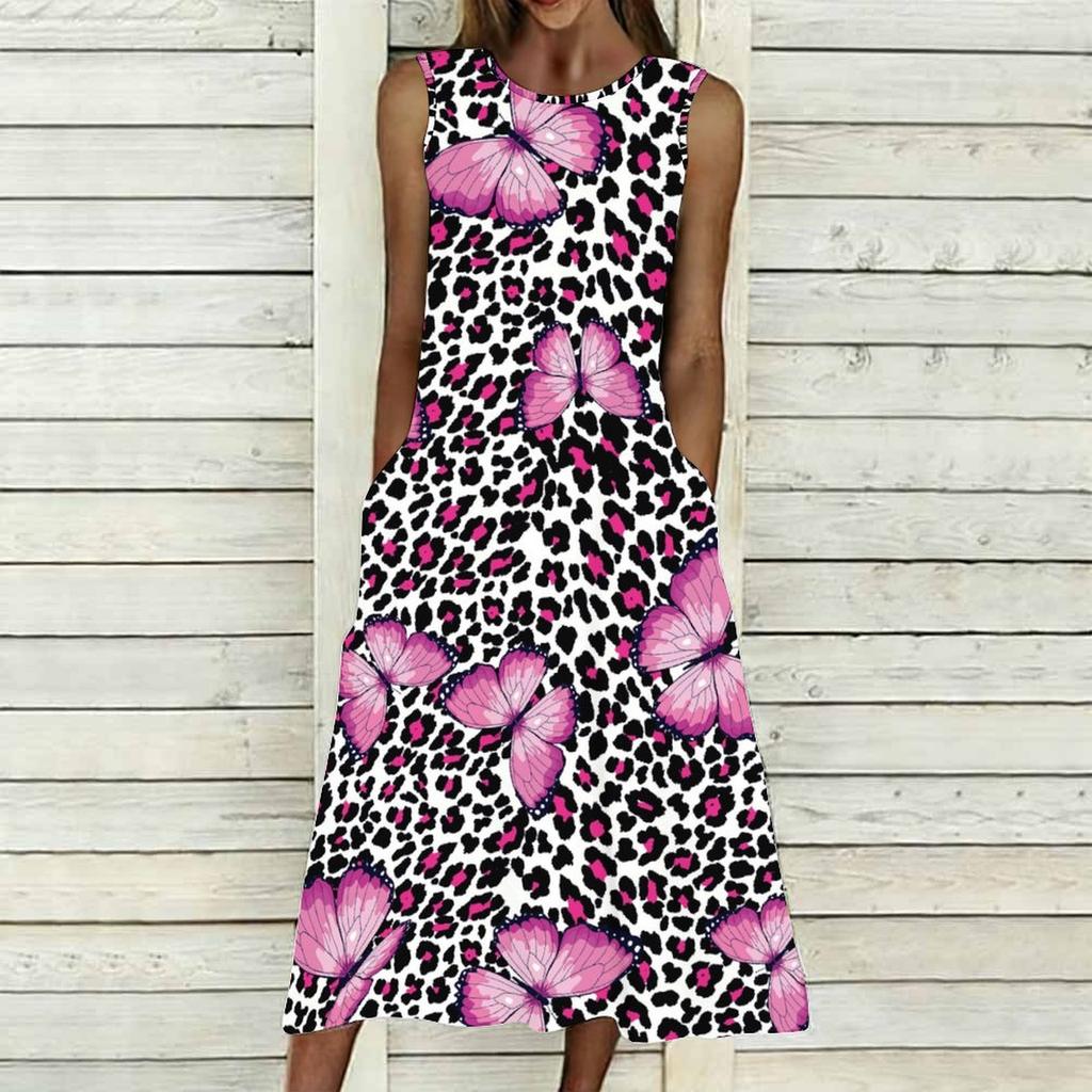 Women Plus Size Sleeveless Crew Neck Dress Soft Watercolor Floral Branches Flowy Mid Calf Gown