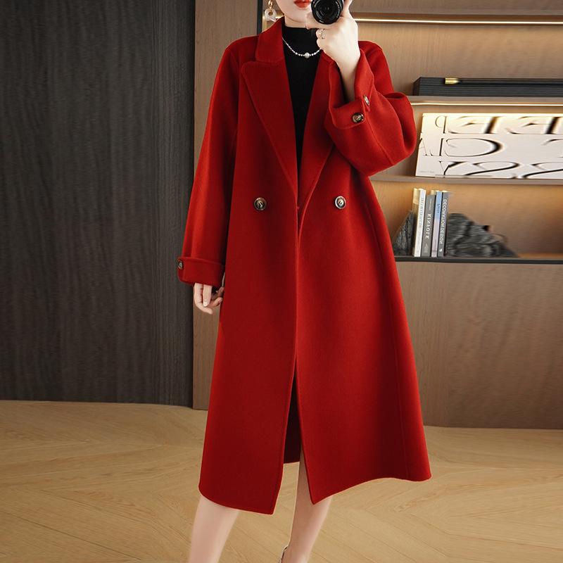 

Женское шерстяное пальто большого размера экстра-длины выше колена - Приталенное двустороннее 100% шерстяное пальто для осени и зимы XL for 140-155 jin