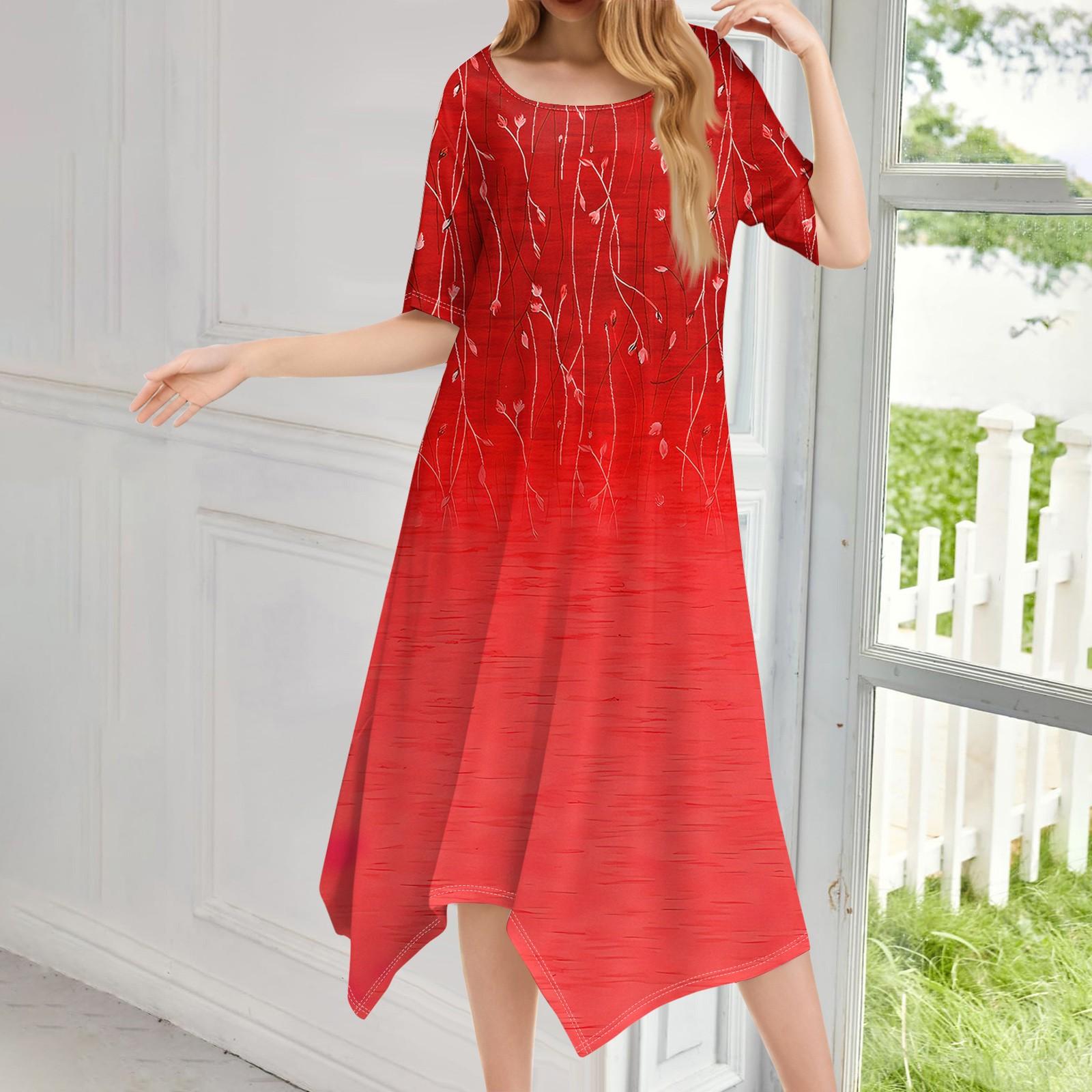 

Женское повседневное модное платье миди с круглым вырезом и коротким рукавом с принтом и неровным подолом L красный