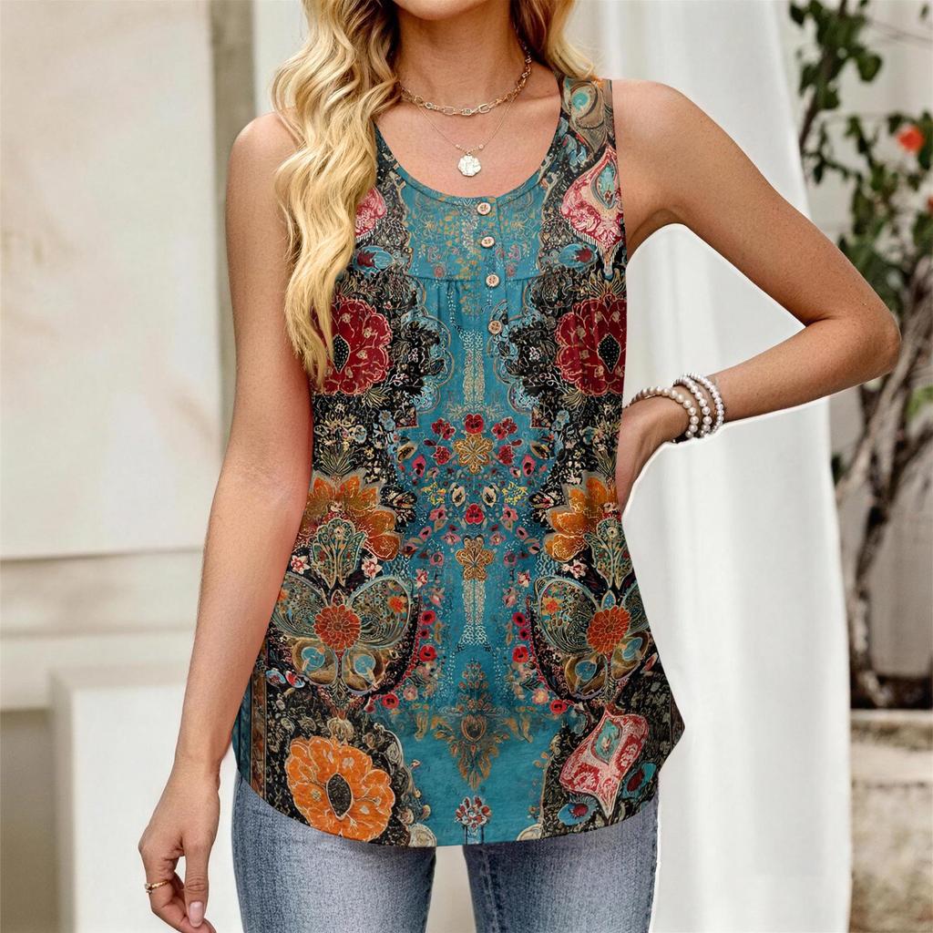 Canottiera da Donna Senza Maniche con Tessuto a Strisce Floreali, Bottoni Frontali, Scollo Rotondo, Vestibilità Larga, Canottiera Casual