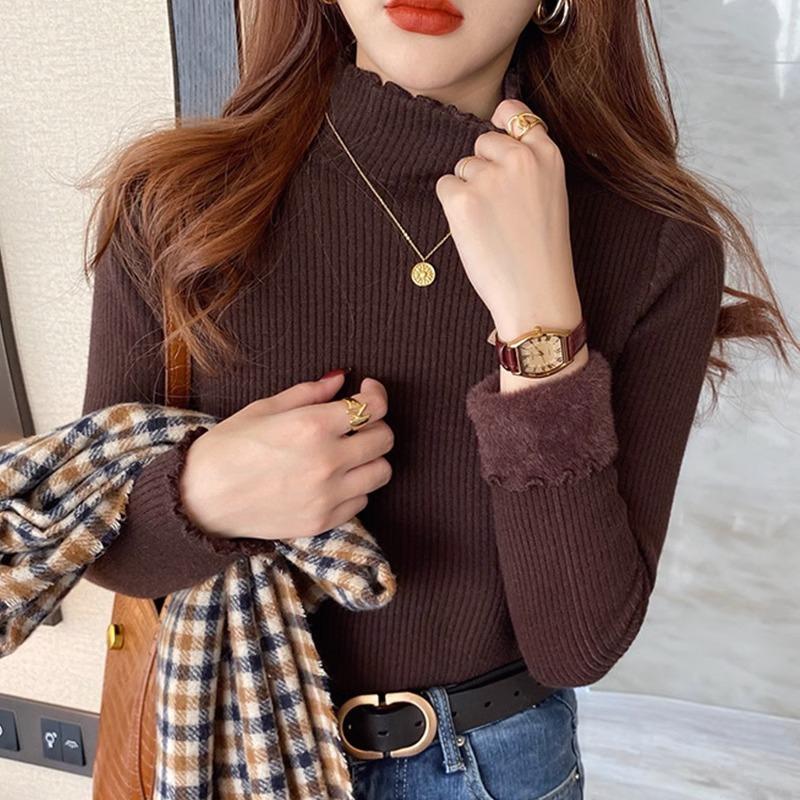 Women's Winter Fleece-Lined Half-High Neck Knit Top Elastic Tight-Fit Thickened Warm Sweater with Ruffled Trim