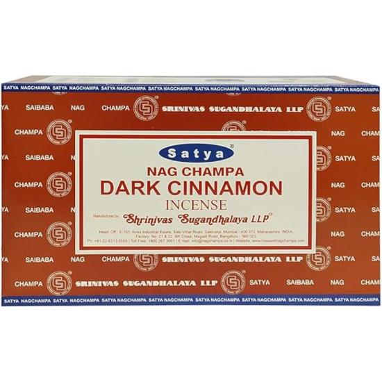 Satya Nag Dark Cinnamon Incense Sticks Agarbatti 180 Grams Box | 12 Packs of 15 Grams Each in a Box | Export Quality