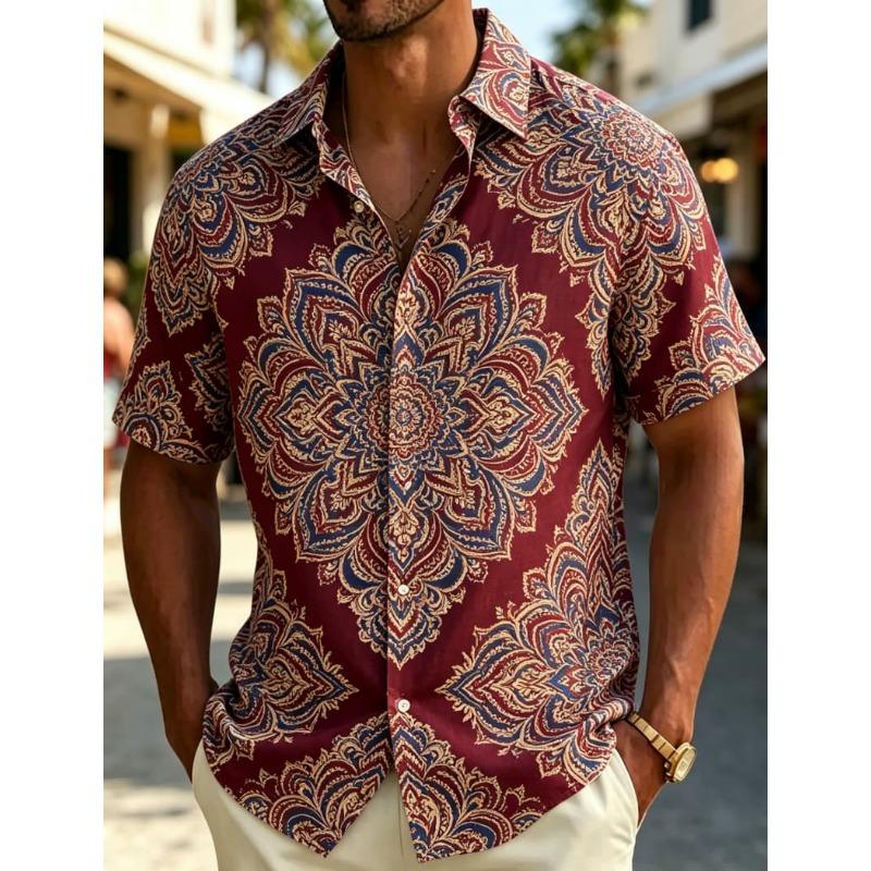 Exotic Bohemian Floral Short-sleeved Shirt, Men's Casual Top, Vintage Resort Style, Personalized Street Wear