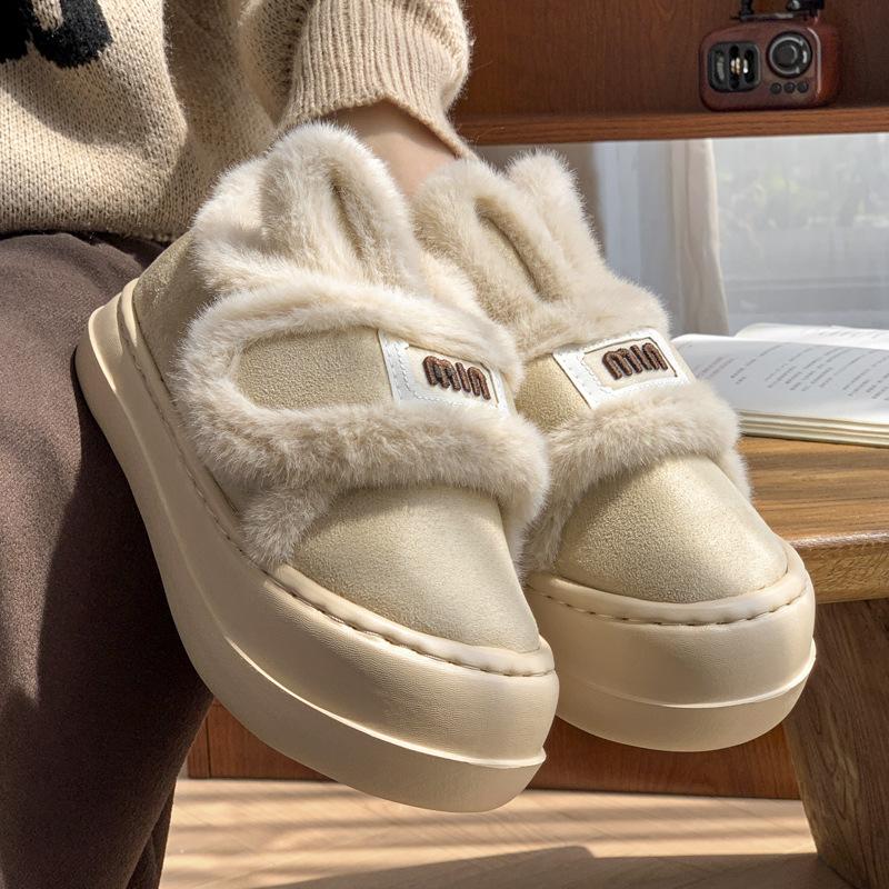 Rabbit ear cotton slippers winter 2025 new indoor home platform cute plush warm bag and cotton shoes outside wear