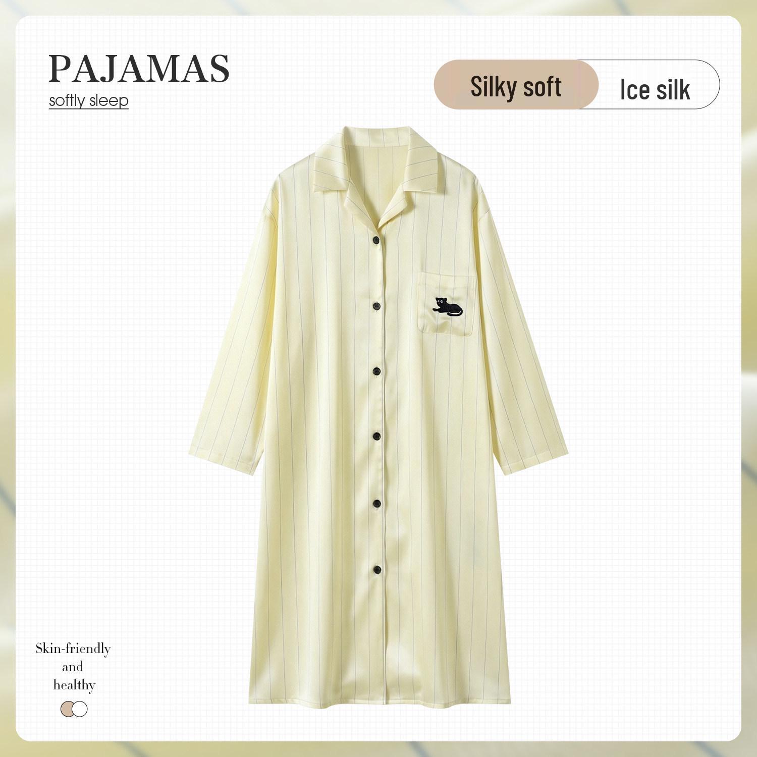 Luxury Yellow Striped Ice Silk Long-Sleeve Nightgown for Women - 2026 Spring/Autumn Collection Large