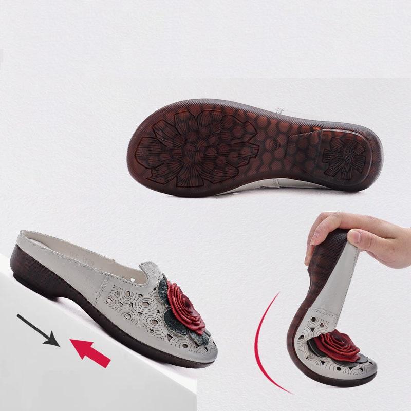 Fashion 2025 Big flower cow leather sandals womens summer cut out mules low heels woman retro luxury slipper sandals lady slip on shoes