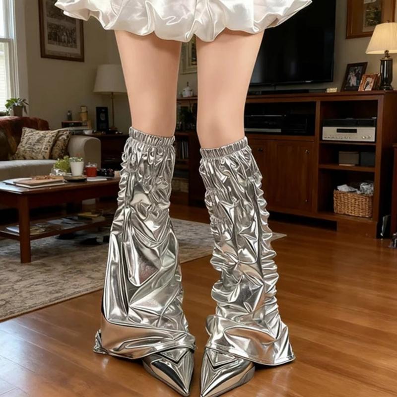 Women Punk PU Leather Leg Warmer Harajuku Grunge Leg Socks Metallic Silver Wide Baggy Boot Covers Gaiters Streetwear