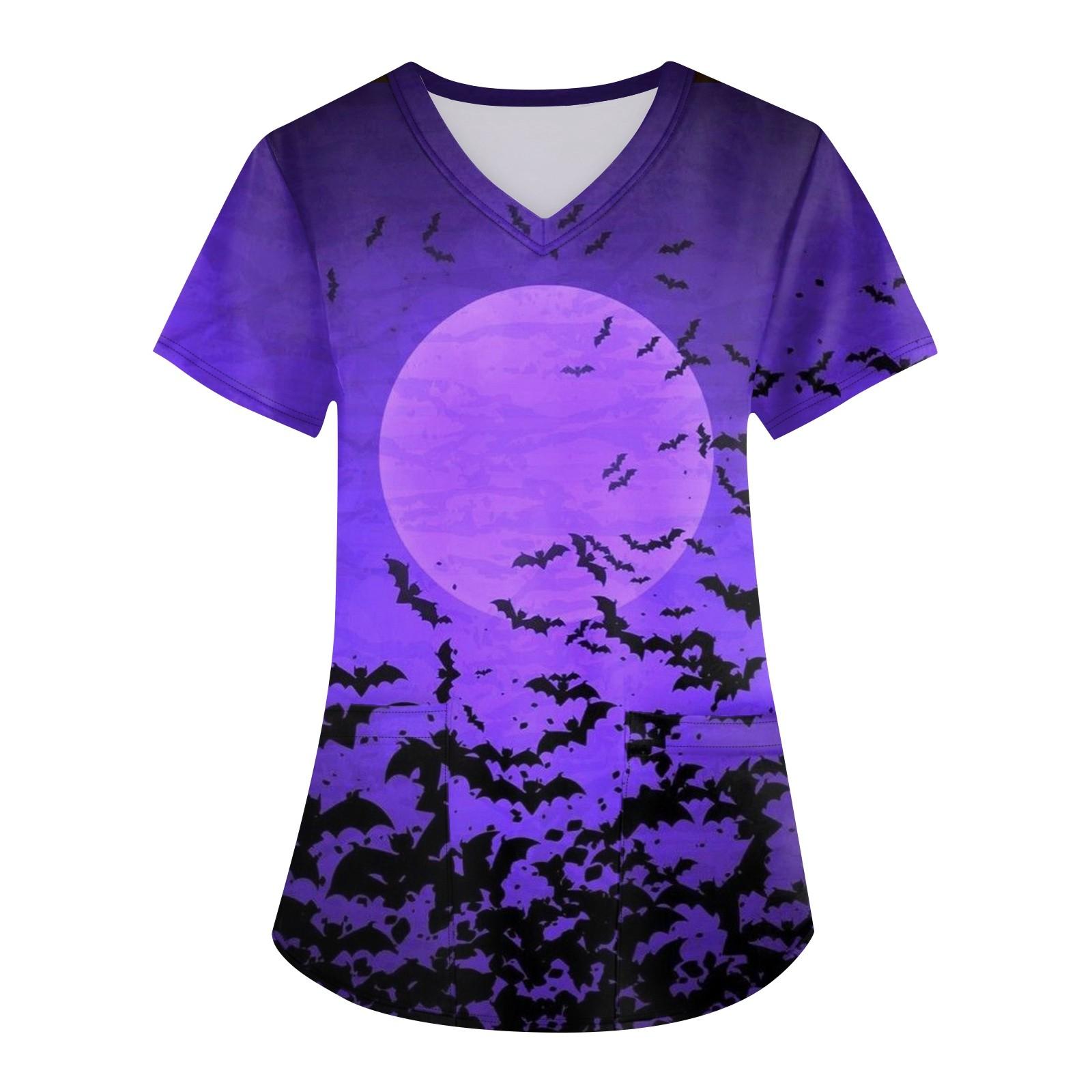 

Плюс размер Печатный скраб Рабочая форма Топы для женщин Крест V-образным вырезом Хэллоуин Принт с короткими рукавами Забавные футболки Спецодежда Футболка с карманами L