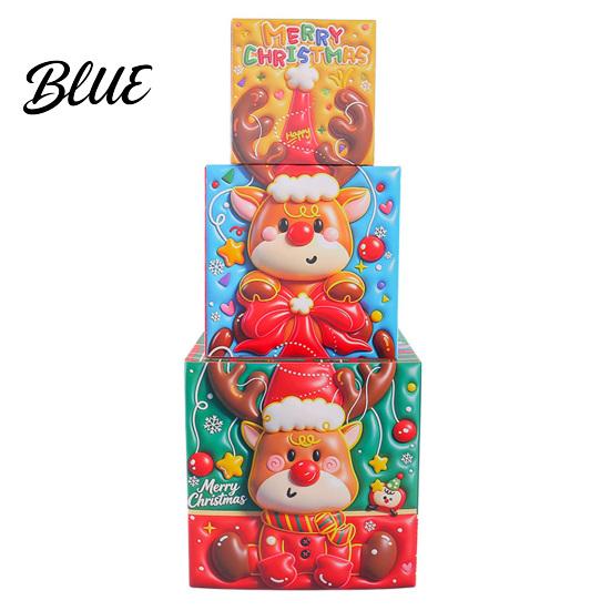 Stackable Xmas Ornaments 3Pcs Christmas Gift Box, Layered Cube Plastic Boxes with Santa Festive Storage Bins Snowman Reindeer, Tabletop Display