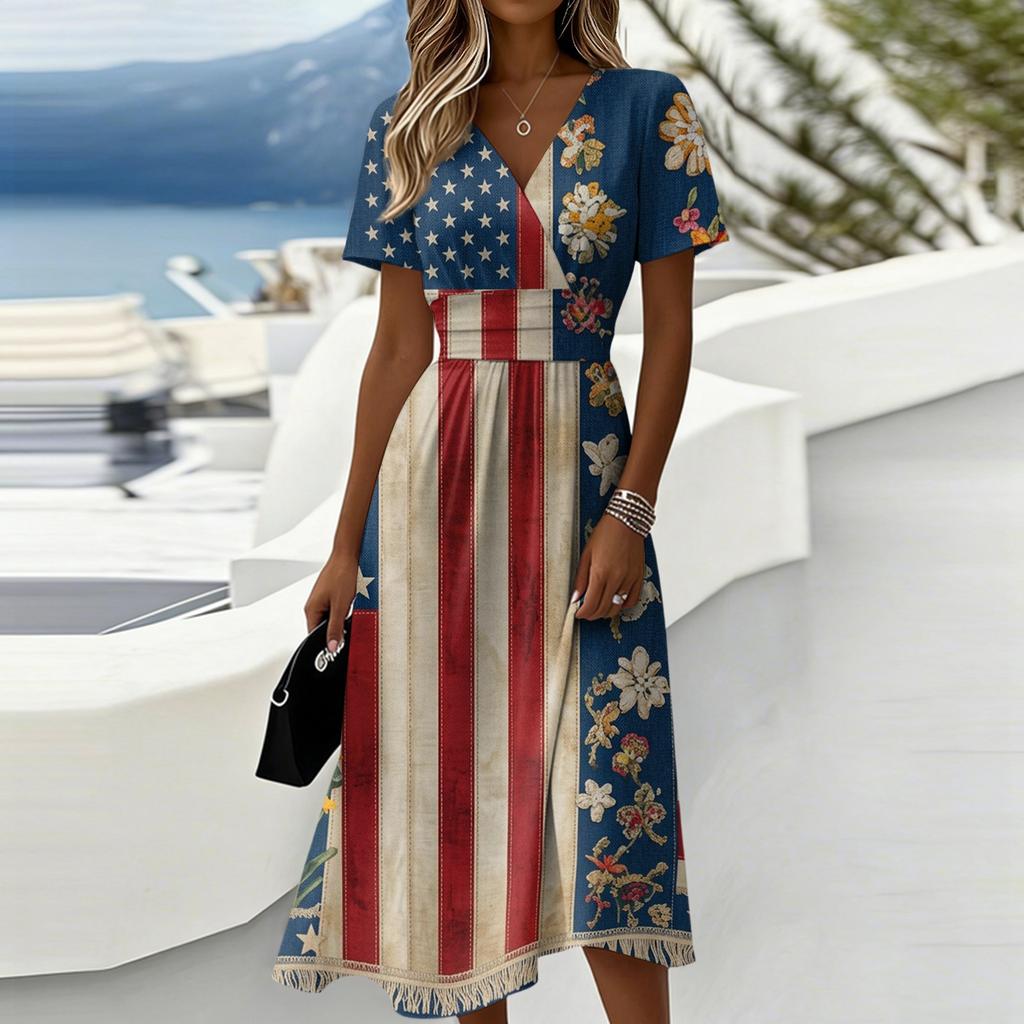 Women's Independence Day Print Casual Fashion Short Sleeve V-Neck Dress