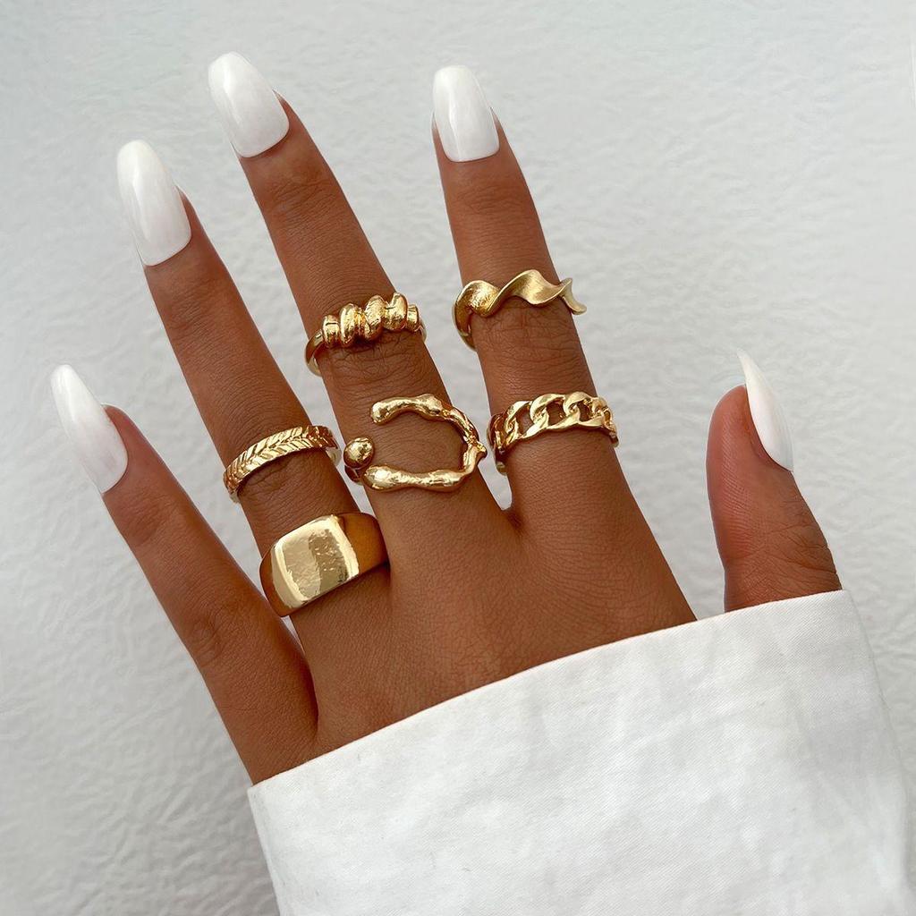 European & American Metal Texture Ring Set: Smooth, Exaggerated Geometric Open Rings for Women