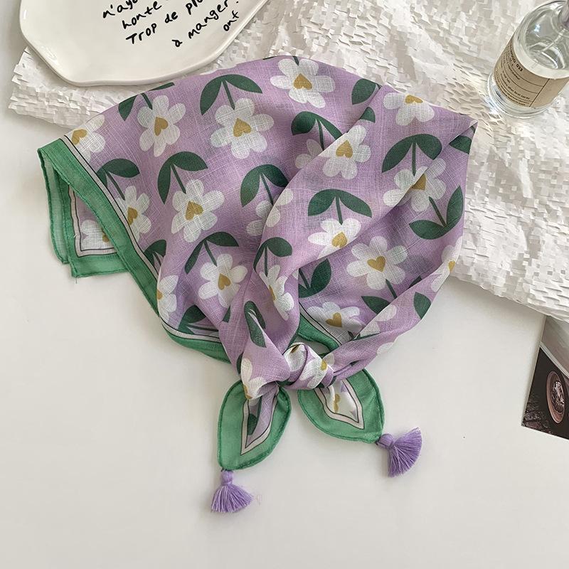 Women's silk scarf square scarf high-end neck protection scarf small fresh decorative floral headscarf hair band fringed hair accessories