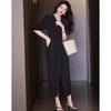 Demana Black Swan Dance Summer Lapel Waist-Cinching Midi Dress