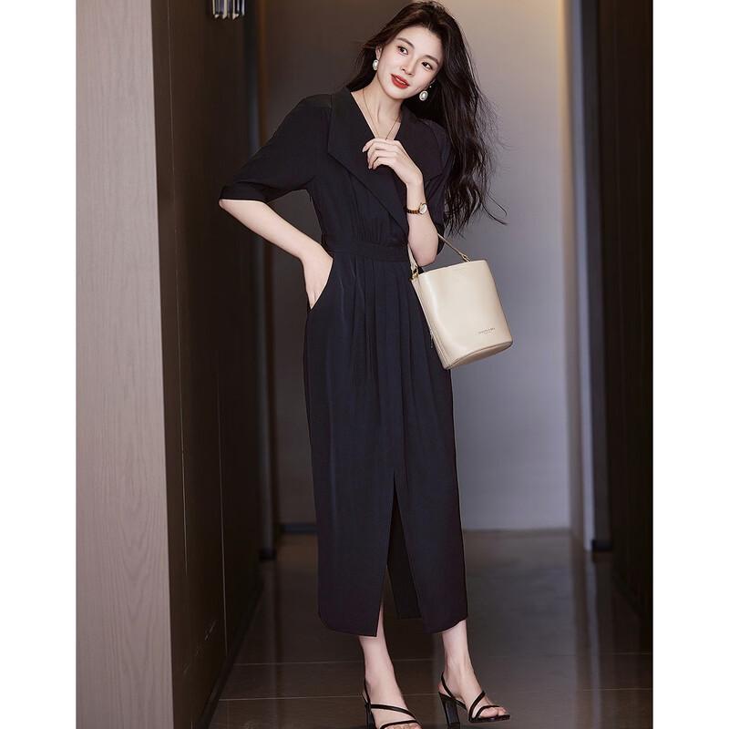 Demana Black Swan Dance Summer Lapel Waist-Cinching Midi Dress