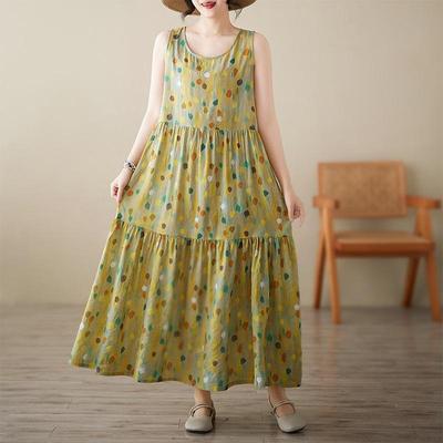 Ärmelloses Plus-Size-Baumwolle-Vintage-Blumenmuster, neue Kleider für Damen, lässig, locker, langes Sommerkleid