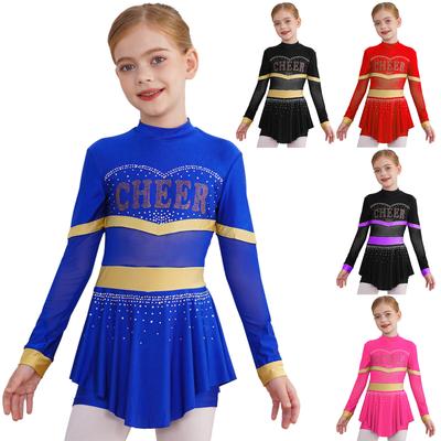 Meisjes Eendelig Cheerleading Kostuum: Jumpsuit met Lange Mouwen, Mesh Patchwork en Glanzende Diamanten voor Dans- en Gymnastiekoptredens