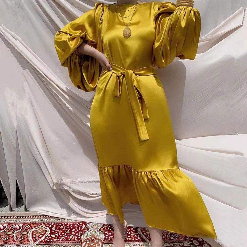

2021 New European and American Puff Sleeve Dress + Belt Yellow M