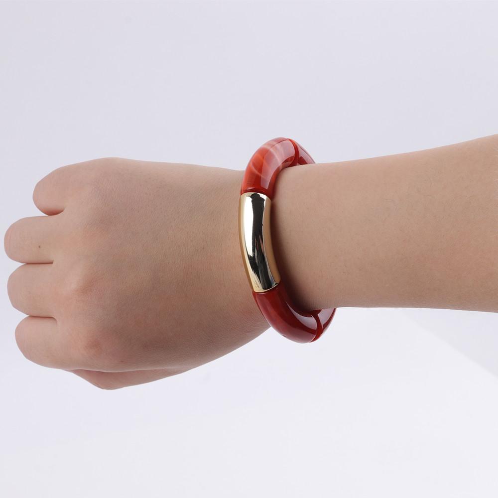 New Mixed Gold Color Tube Beads Acrylic Bracelets Bangles for Women Men Stretch Bamboo Curved Resin Bracelet Stack Jewelry Gifts