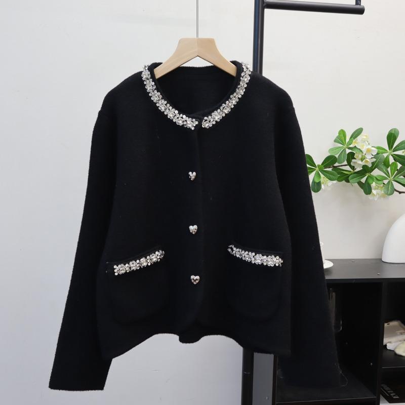 Heavy Industry Neckline Diamond Knitted Double-Sided Cardigan Women's Autumn and Winter New High-end Sweater Jacket