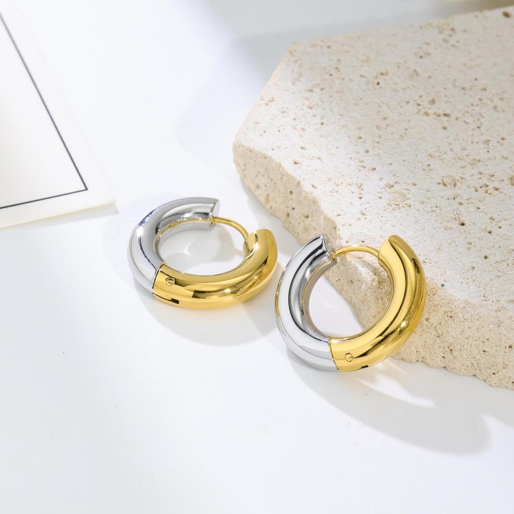 Earrings Gold and Silver Splicing Circle Earrings Cold Wind Titanium Steel Contrasting Earrings Neutral Wind Ear Buckles
