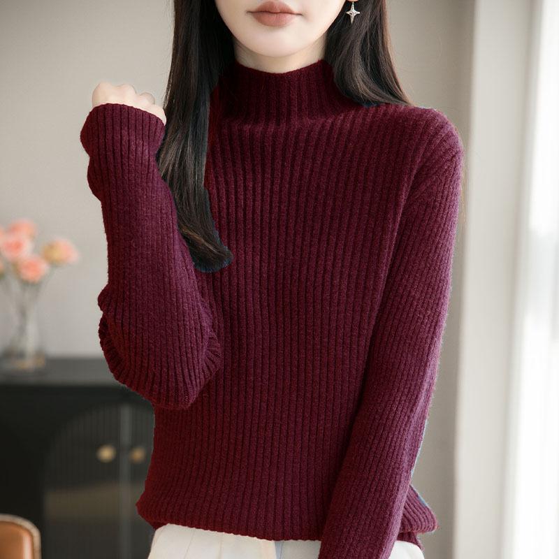 Elegant Solid Color Wool Pullover: Slimming High-Neck Base Layer Sweater