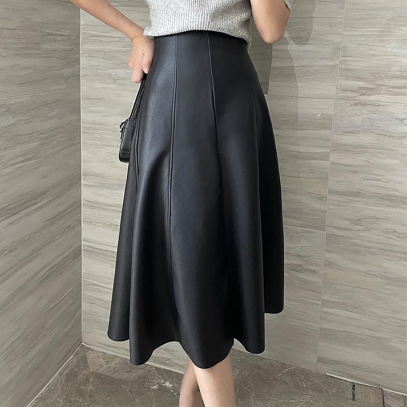 PU Leather Skirt Autumn High Waist A-line Fashion Big Swing Umbrella Skirt Mid-length Skirt